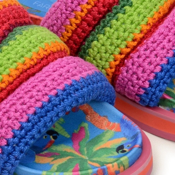 Farm Rio Womens Blue Macaw Crochet Anatomic Slide Sandals Made In Brazil Size 10 - Picture 4 of 10